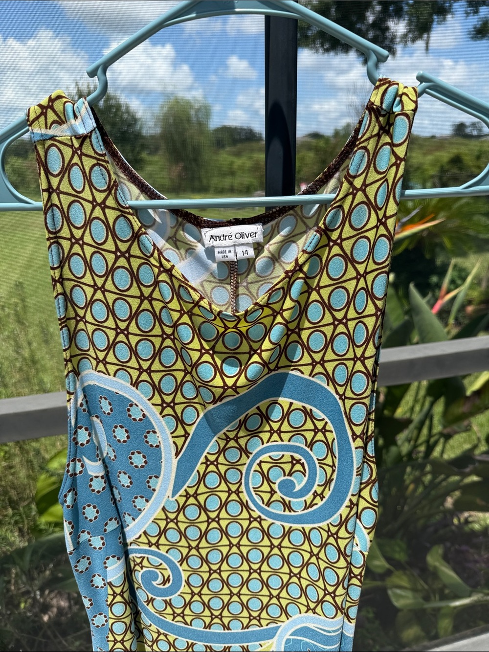 Andre Oliver Aqua, Brown & Yellow Geometric Swirl Midi Dress